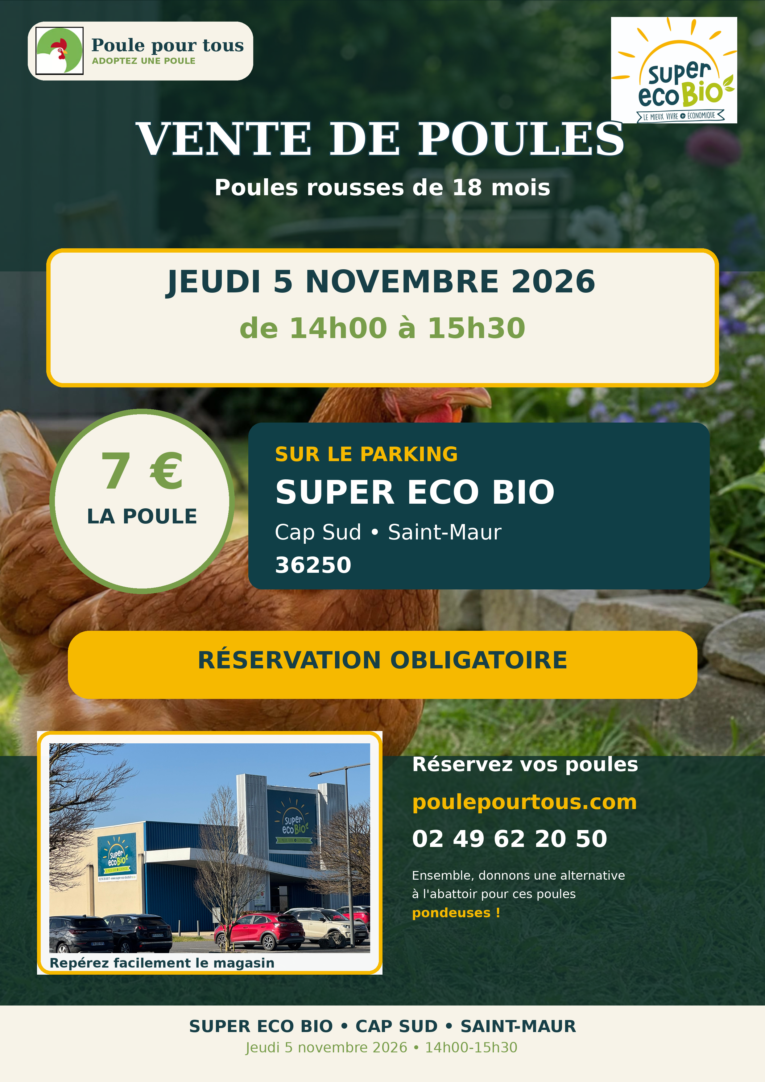 Affiche de la vente de poules Poule pour tous chez Super Eco Bio le jeudi 5 novembre 2026